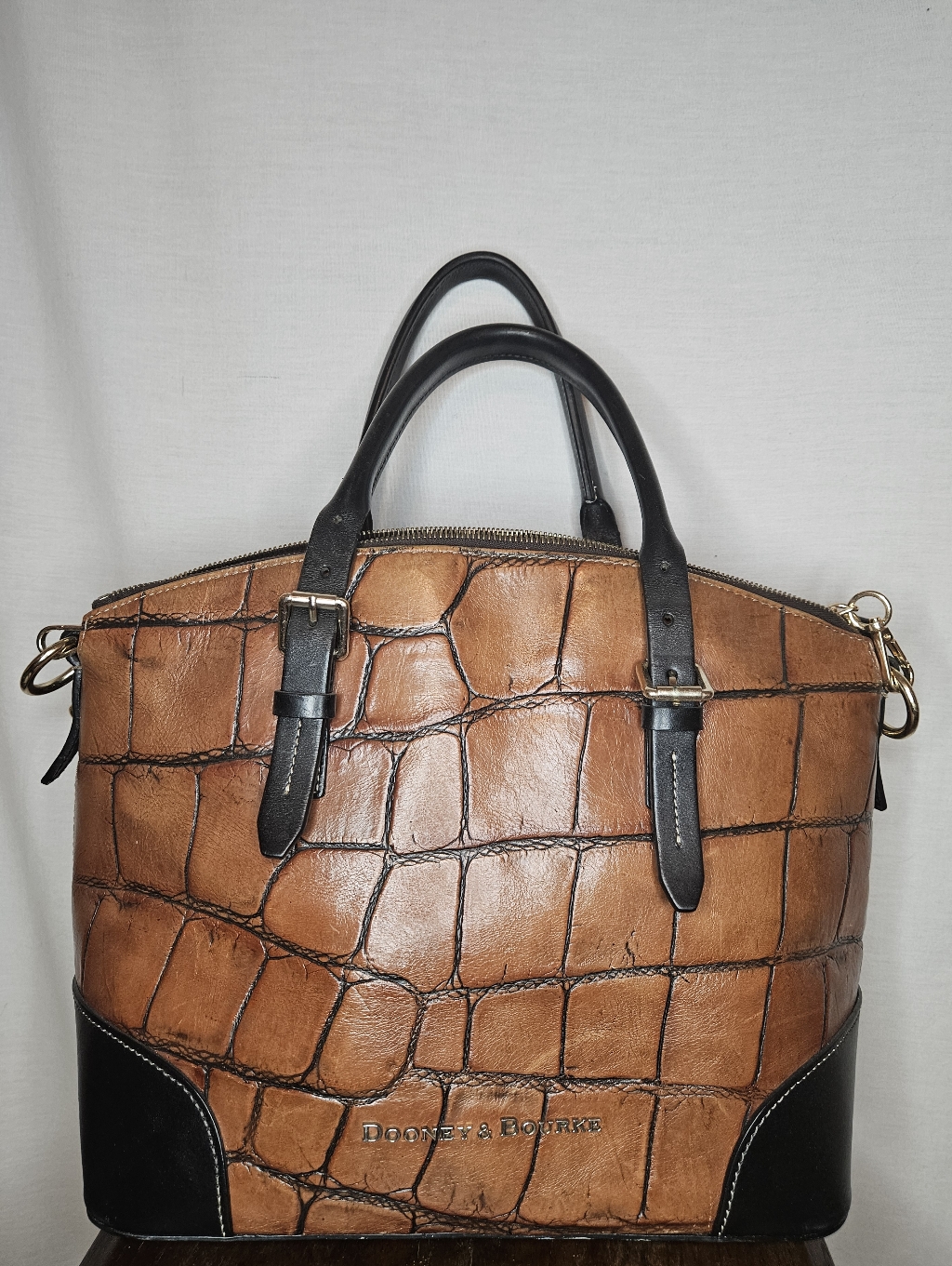 Vintage 90s Dooney And Bourke Croc Embossed Tan And Black Satchel Guc